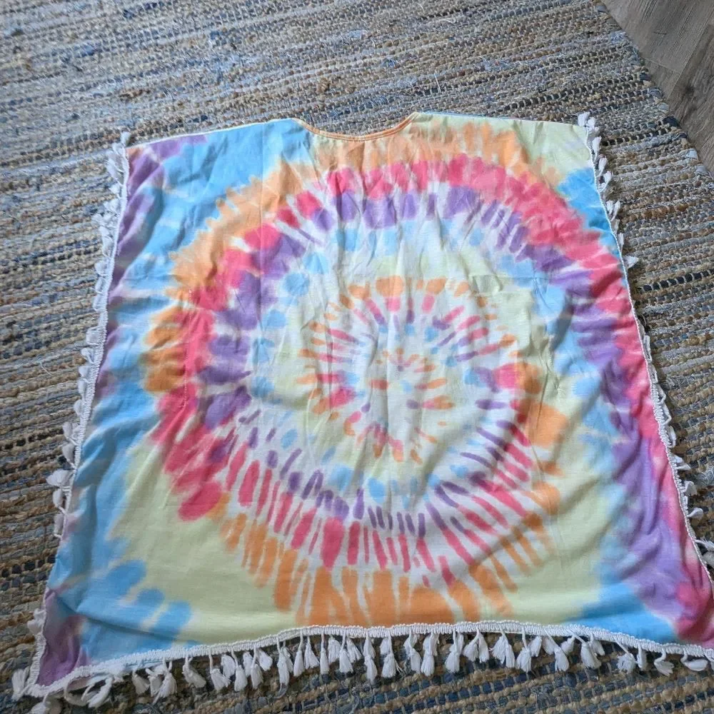 Tie Dye Swim Suit Cover Up Medium Fringe Cape Festival Boho Hippie Red Orange Ye